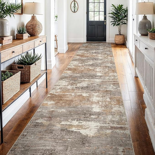 2'6''x14' Washable Kitchen Runner Rug: Modern Abstract Runners for Hallway Soft Non Slip Rugs with Rubber Backing Low Pile Thin Floor Carpet for Entryway Bedroom Bathroom Indoor(Brown/Brick,2'6''x14')