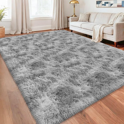 Large Area 8x10ft Carpet Tie-Dyed Grey Washable and Fluffy for Girls' Bedroom Bedside Rug