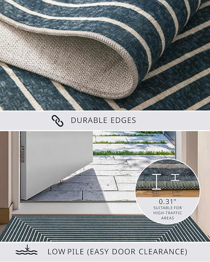 Latte&Fog 3x5 Entryway Rug Indoor, Modern Abstract Washable Area Rug, Boho Non Slip Low Pile Throw Carpet for Indoor Bedroom Bedside, Kitchen, Entry and Living Room - Blue