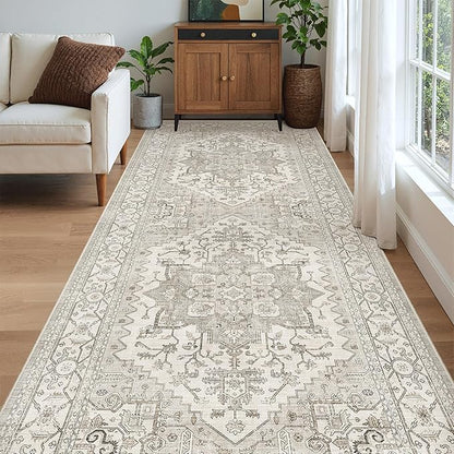 Madane 4x10 Wide Hallway Runner Rug: Washable Soft Rug Runners for Living Room Bedroom, Stain Resistant Low Pile Area Rugs Non Slip Floor Carpet for Ktichen (Beige/Brown, 4x10)