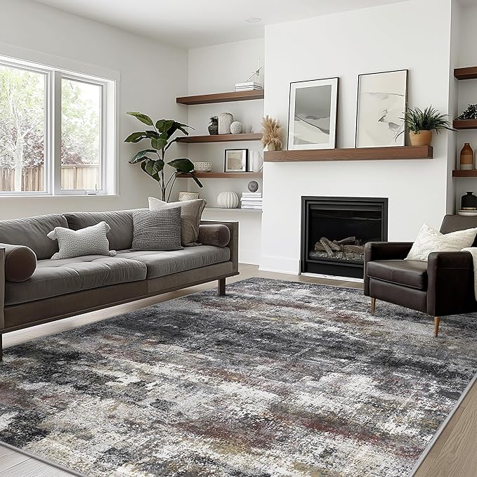 Area Rugs 10x12 for Living Room Bedroom, Modern Abstract Machine Washable Large Dark Gray Rug, Soft Low Pile Floor Carpet with Non Slip Backing for Dining Room