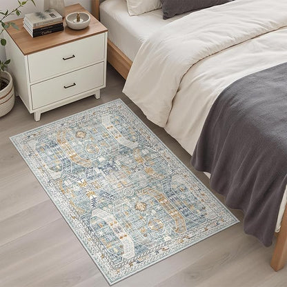 Madane Washable Area Rug 2x3, Small Entryway Rug Non-Slip Vintage Door Mat Indoor Entrance, Low Pile Floor Carpet for Inside Front Door Bedroom Kitchen Entry Laundry (2'x3', Blue/Gold)