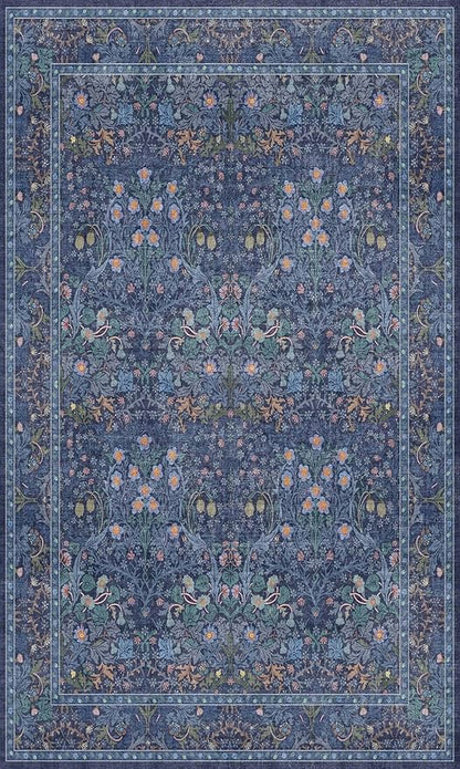 Vintage Dark Blue 3x5 Area Rugs for Entryway, Bedroom Beside Rug, Kitchen, Laundry Room, Non-Slip Low Pile Ultra Soft Stain Resistant Small Floral Carpet - Boho Plant Dusky Navy Decor