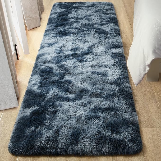 Tepook Fluffy Runner Rugs for Bedroom Aesthetic 2x6 Feet, Shag Soft Bedside Rug with Non-Slip Bottom, Fuzzy Plush Carpet for Room, Hallway Rug for Nursery Dorm Indoor Home Decor, Tie-dye Dark Blue