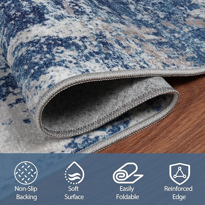 6x9 Area Rugs for Living Room Rug Washable: Abstract Rug for Dining Room Bedroom Carpet Non Slip 6 by 9 Indoor Modern Nursery Home Office Blue Grey White