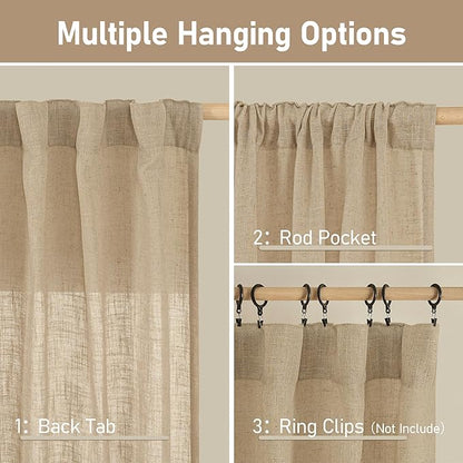 LAMIT 54 Inch Semi Sheer Window Linen Curtains, Light Filtering Panels Back Tab and Rod Pocket Neutral Drapes for Bedroom/Living Room, Brown, 2 Panels, 34 x 54 Inch
