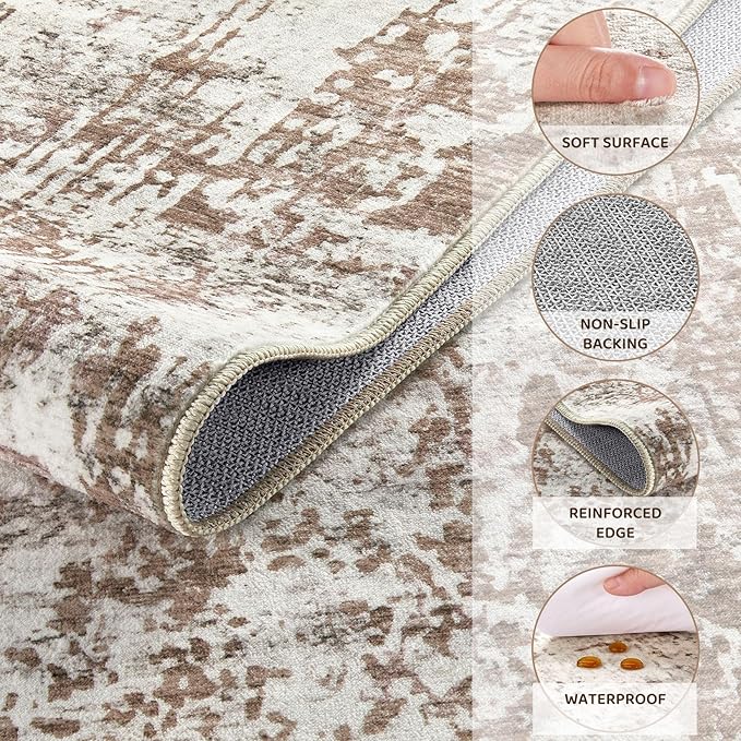 UERMEI Area Rug Living Room Rugs - Washable Neutral Modern Abstract Soft Thin Rug Indoor Floor No Slip Rug Carpet for Bedroom Under Dining Table Home Office Decor - Brown/Grey/Red - 10x12
