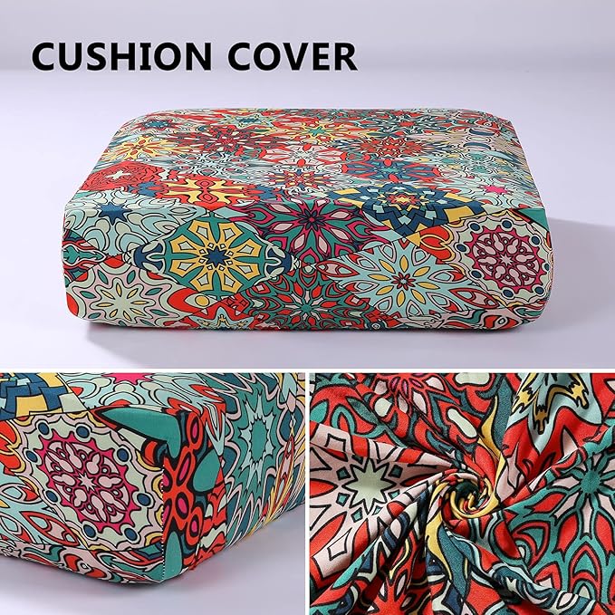 hyha Printed Couch Cushion Covers, Floral Sofa Covers Washable for 2 Cushion Couch, Stretch Pattern Outdoor Cushion Covers for Patio Furniture with Elastic Bottom(Medium, Diamond Mandala)