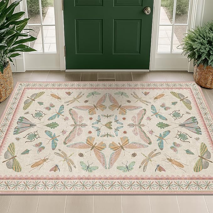 Flower Area Rug for Girls Bedroom - Washable 3x4 Light Pink Large Entryway Rug for Laundry Room, Kitchen, Bedroom, Dorm, Insect Print Vintage Floral Non-Slip Throw Rug Low Pile Stain Resistance