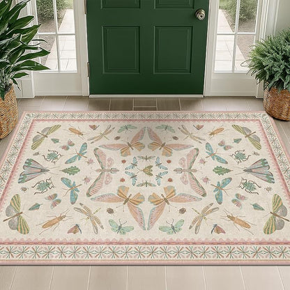 Flower Area Rug for Girls Bedroom - Washable 3x4 Light Pink Large Entryway Rug for Laundry Room, Kitchen, Bedroom, Dorm, Insect Print Vintage Floral Non-Slip Throw Rug Low Pile Stain Resistance