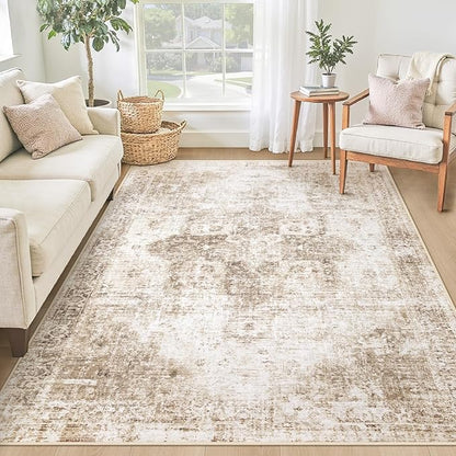 Area Rug 4x6 Washable Rug, Vintage Boho Medallion Rugs Non-Slip Soft Low Pile Distressed Rug Indoor Retro Carpet for Living Room Bedroom Dining Room Home Office (Brown, 4'x6')
