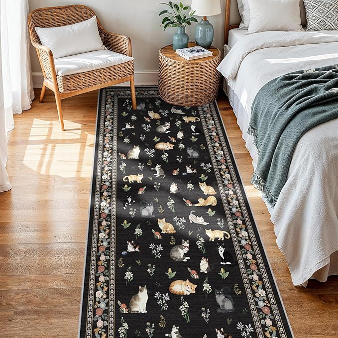 2x5 Washable Kitchen Runner Rug - Soft Low Pile Floral Animal Cat Print Rugs with Non-Slip Backing Waterproof Stain-Resistant Indoor Carpet for Hallway Entryway Bathroom Bedroom (Black)