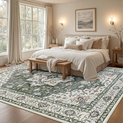 8x10 Area Rugs for Living Room: Washable Rug Soft Vintage Boho Medallion Carpet Indoor Non-Slip Stain Resistant Large Carpets for Bedroom Dining Room Farmhouse Nursery Home Office Green Ivory