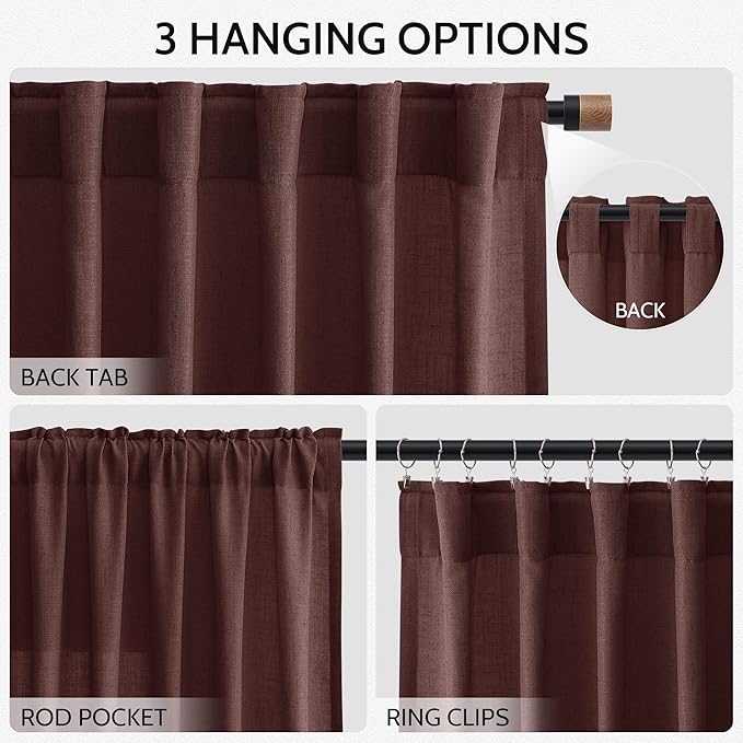 Extra Long Curtain Reddish Brown Morden Linen Blend Light Filtering Back Tab Curtains for Long Winodws 120 Inches Length, Semi Sheer Privacy Drapes for Living Room, 52x120 inch, 2 Panels