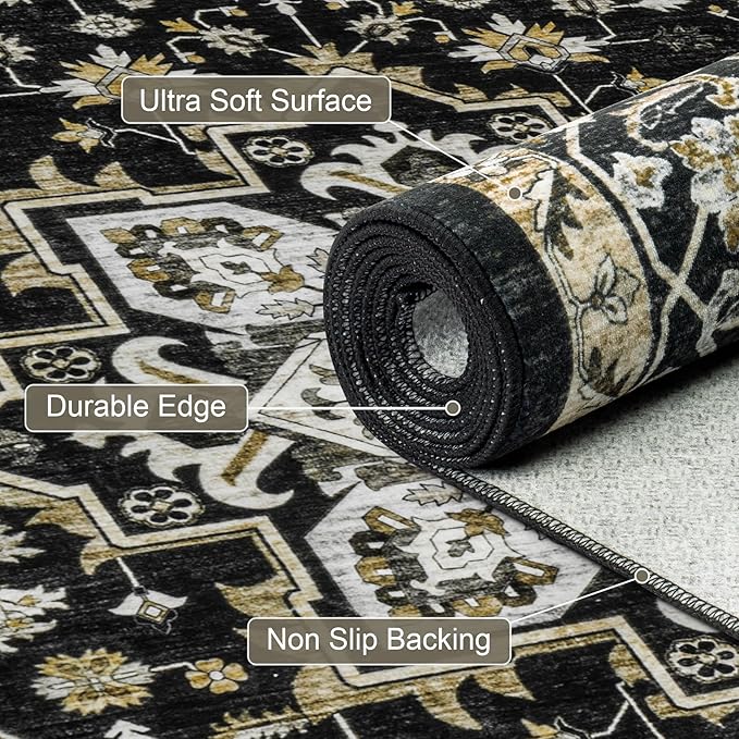 3x5 Area Rugs Living Room Rug: Washable Vintage Boho Medallion Rug No Slip Stain Resistant Soft Carpet Indoor Large Carpets for Bedroom Dining Room Farmhouse Nursery Hallway Home Office Black Gold