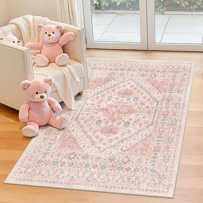 zesthome Pink Rug - 3x5 Area Rugs for Bedroom, Stain Resistant Washable Rugs for Nursery Room, Living Room, Home Decor, Girls Rug (Pink/Blue,3'x5')