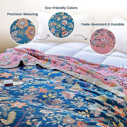 MSGKV Boho Throw Blanket for Couch 50"x60" 100% Cotton Floral Blanket Spring Breathable Lightweight Muslin Home Decorative Blankets for Sofa