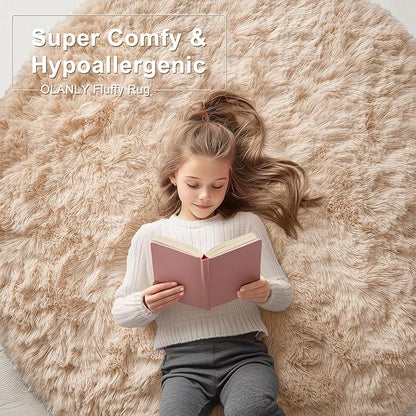 OLANLY Beige Round Rugs for Bedroom - Machine Washable, 2 ft Circle Area Rugs for Living Room, Soft and Fluffy Shaggy Carpet for Teen Girls and Boys, Nursery Rooms, Dorms, Home Decor Aesthetic