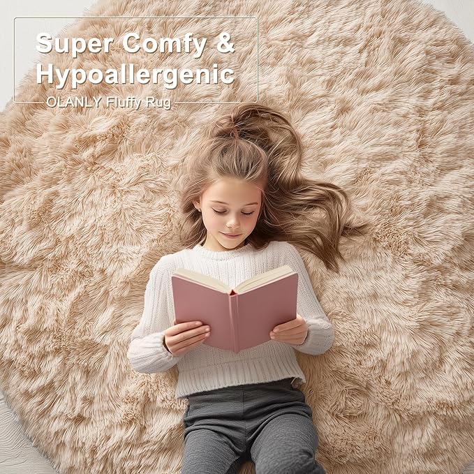 OLANLY Beige Round Rugs for Bedroom - Machine Washable, 5 ft Circle Area Rugs for Living Room, Soft and Fluffy Shaggy Carpet for Teen Girls and Boys, Nursery Rooms, Dorms, Home Decor Aesthetic
