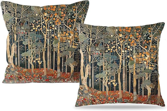 Rustic Autumn Forest Pillow Covers 18x18 Set of 2, Fall Home Room Decor, Vintage Botanical Nature William Morris Inspired Decorative Throw Pillow Covers for Home Bedroom Living Room