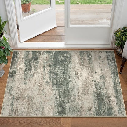 2x3 Rugs for Entryway Entrance Kitchen Bathroom, Machine Washable Modern Abstract Soft Area Rug, Indoor Floor Carpet with Non Slip Rubber Backing, Grey/Dark Green