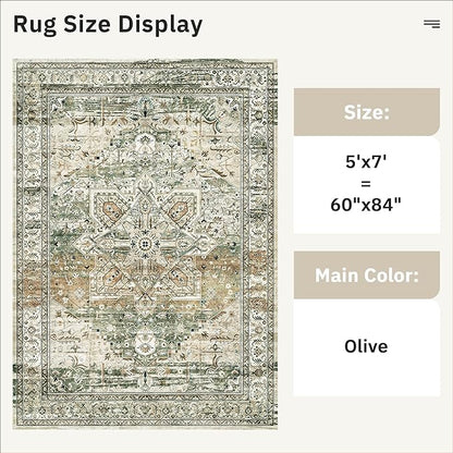 Soalmost 5x7 Area Rugs Low Pile Indoor Washable Trendy Faded Style Rugs for Bedroom Living Room Dining Room Foldable Non-Slip Thin Print Mat Green Olive Beige
