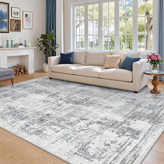 Madane Area Rugs 9x12 Living Room: Lagre Vintage Living Room Rug with Non-Slip Backing Low Pile Rugs Soft Indoor Floor Thin Carpet Non Shedding Carpets for Bedroom Dining Room Farmhouse Blue/Grey
