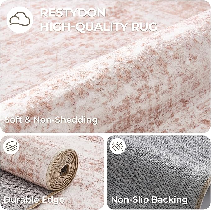 Rug Runners for Hallways Non Slip - 2x8 Runner Rug for Bedroom, Washable Runner with Rubber Backing, Soft Low-Pile Carpet for Kitchen, Laundry, Bathroom (2'x8', Pink/Ivory)