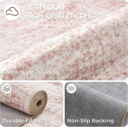 Rug Runners for Hallways Non Slip - 2x8 Runner Rug for Bedroom, Washable Runner with Rubber Backing, Soft Low-Pile Carpet for Kitchen, Laundry, Bathroom (2'x8', Pink/Ivory)