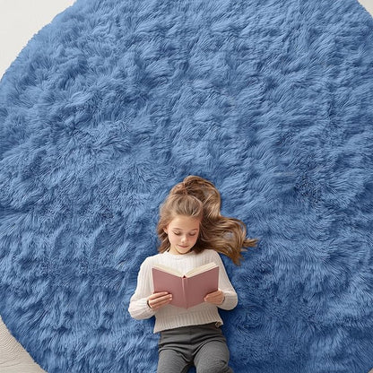 OLANLY Blue Round Rugs for Bedroom - Machine Washable, 9 ft Circle Area Rugs for Living Room, Soft and Fluffy Shaggy Carpet for Teen Girl and Boys, Nursery Rooms, Dorms, Home Decor Aesthetic