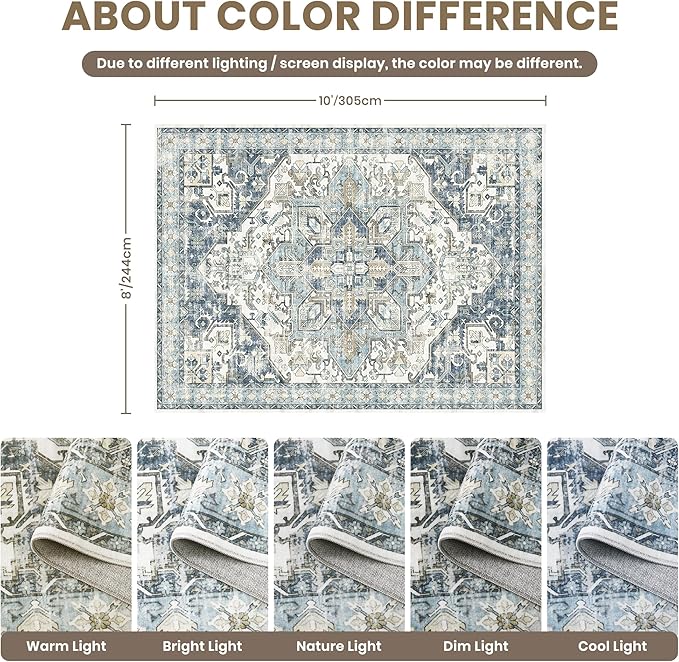 zesthome 8x10 Area Rugs-Washable Rug for Living Room, Non-Slip Backing Rugs, Stain Resistant 8x10 Rug for Bedroom, Ultra-Thin Low Pile Rugs, Vintage Large Home Decor