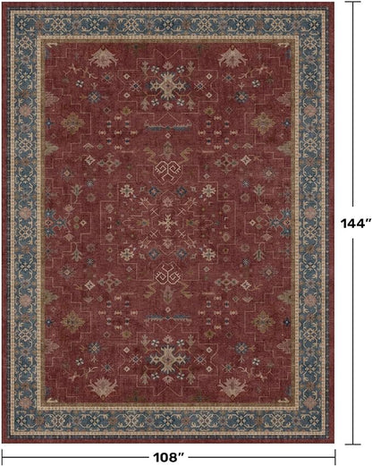 Hazo Haus Oriental 9x12 Soft Rugs for Living Room - Dark Red Rugs for Bedroom Aesthetic, Dining Room Under Kitchen Table, Washable Soft Non Slip Large Area Vintage Décor
