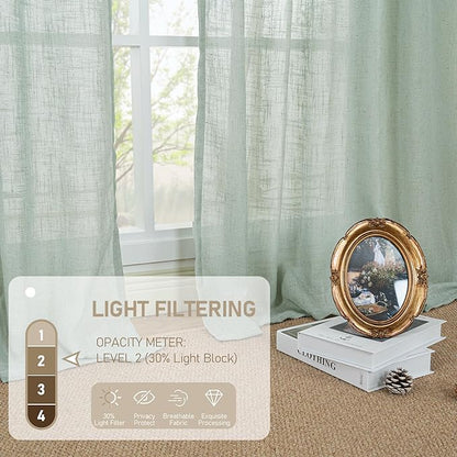 LAMIT Short Linen Window Curtains 40 Inch Length 2 Panels, Light Sage Semi Sheer Light Filtering Panels Back Tab and Rod Pocket Neutral Drapes for Basement/Window/Loft Room, 34 x 40 Inch