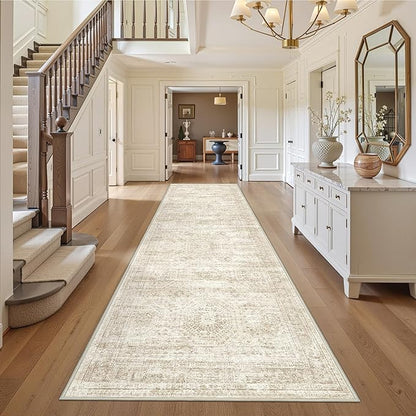 3x10 Runner Rug Non Slip Washable for Entryway, Vintage Hallway Runner for Front Porch, Laundry Room, Bedroom, Abstract Stain Resistant Thin Indoor Kitchen Mats for Floor(3'x10', Beige/Ivory)