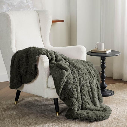 Bedsure GentleSoft Fuzzy Sherpa Faux Fur Twin Blanket Olive Green Cozy Gifts for Women Men, Soft Fleece Plush Warm Minky Thick Blanket Twin Size for Bed, Room Dorm Essentials Olive Decor Gifts, 60x80