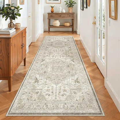 Madane Hallway Runner 3x8, Kitchen Rugs Washable Entryway Rug Vintage Kitchen Runners Non Slip Indoor Area Rug Farmhouse Carpet Runner for Bathroom Living Room Bedroom (3 X 8, Ivory/Brown)