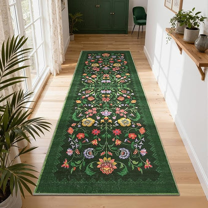 GarveeHome Floral Rug 2.5x10 Runners for Hallways, Boho Kitchen Runner Rugs Non Slip Bath Runners, Vintage Washable Runner Rug for Bedroom, Soft Long Rugs for Entryway Bathroom Laundry Dorm, Green