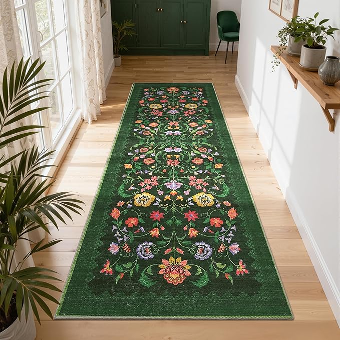 Protea Floral Rug 2x6 Runners for Hallways, Boho Kitchen Runner Rugs Non Slip Bath Runners, Vintage Washable Runner Rug for Bedroom, Soft Long Rugs for Entryway Bathroom Laundry Dorm, Forest Green