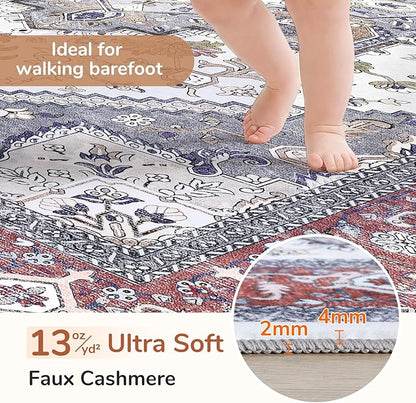 OPPODREAM Soft Entryway Rug 2x12, 2x12 Rug Runner, Washable Hallways Carpet 2 x 12 with Non Slip Backing, Low-Pile Bedside Carpet 2 x 12, Long, Faux Cashmere, Red & Grey