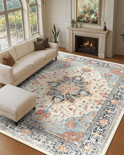 RELEANY Area Rugs 9'x12' Washable Non-Slip, Floral Vintage Distress Print Pattern Medallion Carpet for Living Room Bedroom Dining Room, Beige Navy Blue Orange Colorful