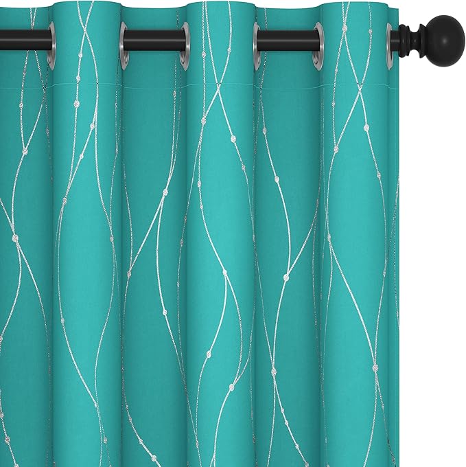 Deconovo Blackout Curtains, Thermal Insulated Soundproof Grommet Drapes, Wave Dots Silver Print, 52 x 54 Inch, Set of 2, Machine Washable Panels for Kitchen Bedroom Living Room Nursery, Turquoise