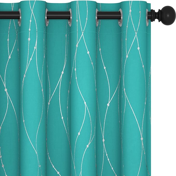 Deconovo Blackout Curtains for Living Room, Thermal Insulated Soundproof Drapes with Wave Dot Foil Print, 52 x 84 Inch, Set of 2, Machine Washable Window Curtain for Bedroom Nursery Kitchen, Turquoise