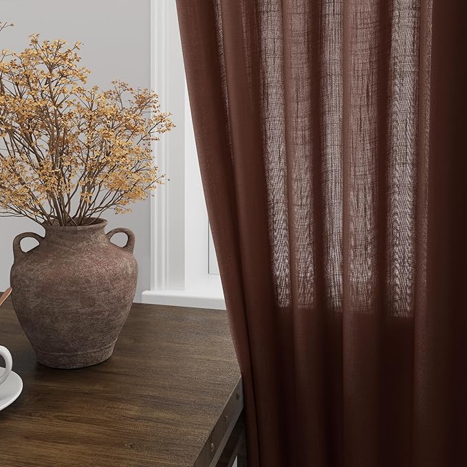 Nanspring Rustic Brown Linen Curtains 108 Inches Long for Living Room Bedroom 2 Panels Set Extra Long Back Tab Curtain Light Filtering Sheer Drapes Floor to Ceiling Curtain for Large Windows 52x108