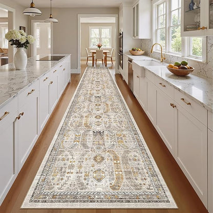 Madane Hallway Runner Rug 2'6''x14' Kitchen Runner, Non Slip Vintage Runners for Hallways Washable Kitchen Rugs Soft Low Pile 2.5x14 ft Rug Runner for Laundry Room, Entryway and Bedroom, Brown/Gold