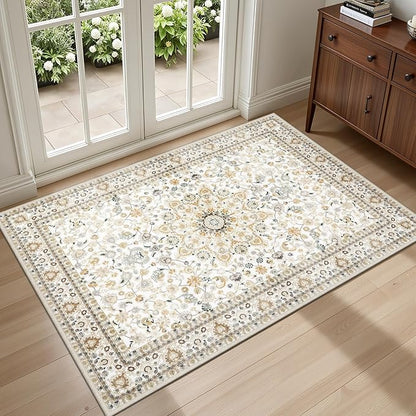 2x3 Area Rugs Living Room Rug: Washable Vintage Boho Rug No Slip Stain Resistant Soft Carpet Indoor Floor Floral Large Carpets for Bedroom Dining Room Farmhouse Nursery Hallway Home Office Beige