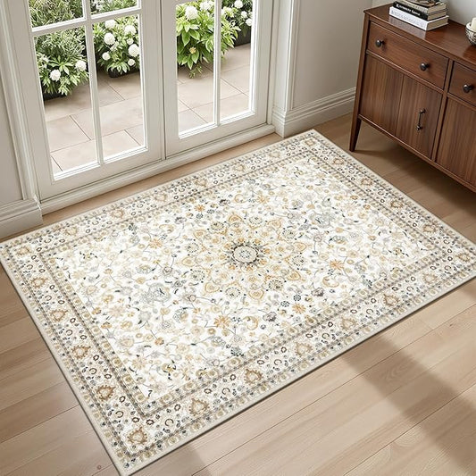 2x3 Area Rugs Living Room Rug: Washable Vintage Boho Rug No Slip Stain Resistant Soft Carpet Indoor Floor Floral Large Carpets for Bedroom Dining Room Farmhouse Nursery Hallway Home Office Beige