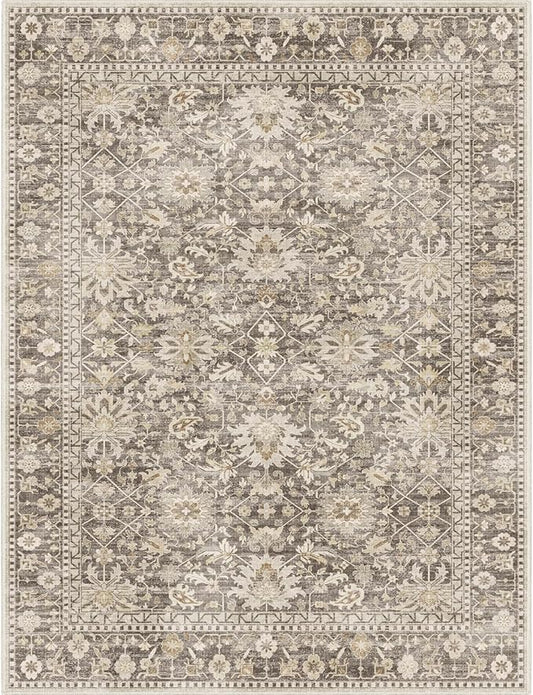 7X9 Area Rugs Machine Washable Rugs for Living Room Bedroom Hallway, Non Slip Indoor Soft Accent Distressed Boho Vintage Print Lightweight Thin Low Pile Carpet (Deep Brown/Gold, 7x9)