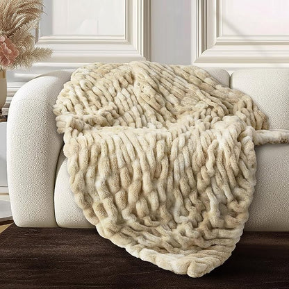 Ultra Soft Cozy Faux Fur Throw Blanket, Fuzzy Plush Thick Bubble Blanket, Oversize Luxury Fluffy Blanket for Couch, Sofa, Bedroom, and Living Room,50x60 Inches,Double Sided Tie-Dye Camel