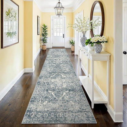 2'6"x12' Washable Hallway Runner Rug - Non Slip Kitchen Runner Rugs with Rubber Backing Vintage Low-Pile Carpet Runners for Entryway Dining Room Laundry Room Home Decor (Blue)