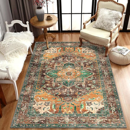 Yamaziot Washable Area Rug, 4x6 Non-Slip Boho Vintage Living Room Bedroom Rug with Rubber Backing, Low Pile Faux Wool Soft Distressed Rug Floor Carpet for Living Room, Laundry, Kids Playroom